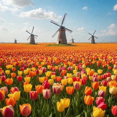 The primary subject of the image is a field of flowers, predominantly yellow tulips. The setting is a grassy field with a windmill in the background. The visual style is a photo, capturing the beauty of the flowers and the windmill. The colors and mood of the image are vibrant and cheerful, with the yellow tulips being the main focus.